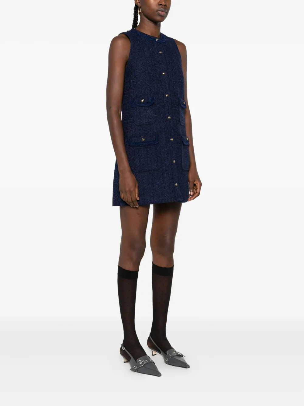 Sandro Womens Navy Blue Flap-pocket Sleeveless Tweed Mini Dress