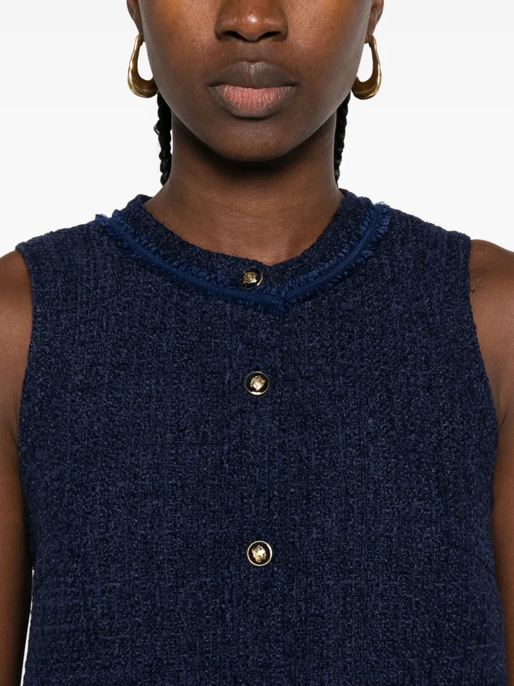 Sandro Womens Navy Blue Flap-pocket Sleeveless Tweed Mini Dress