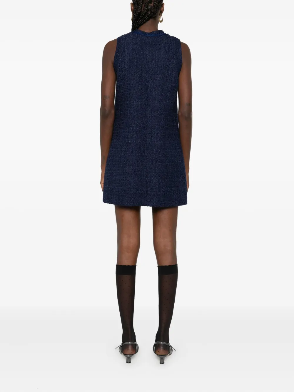 Sandro Womens Navy Blue Flap-pocket Sleeveless Tweed Mini Dress