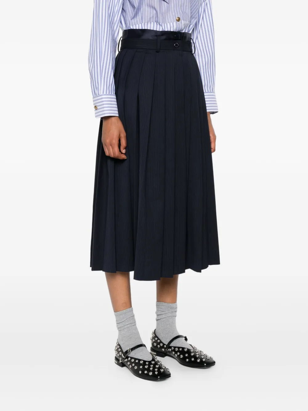 SANDRO Midi-rok met plooien en krijtstreep Blauw