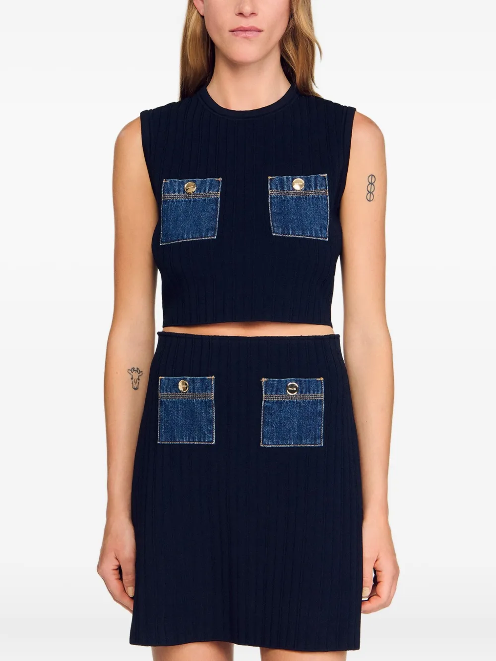 Denim-Pockets Sleeveless Top