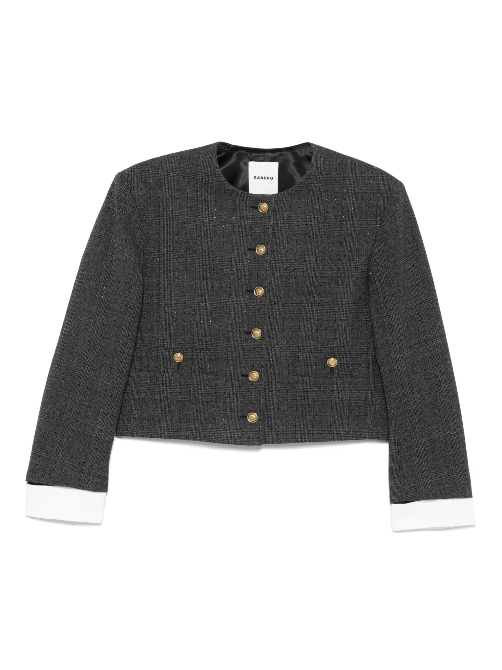 Sandro Check-print Cropped Jacket In Gray