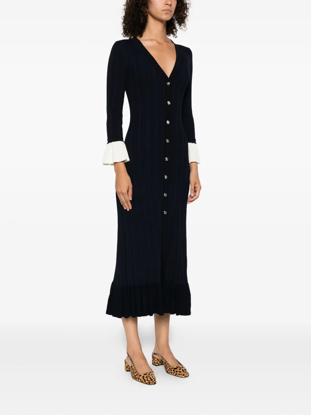 SANDRO Midi-jurk met ruches en knopenbies Blauw