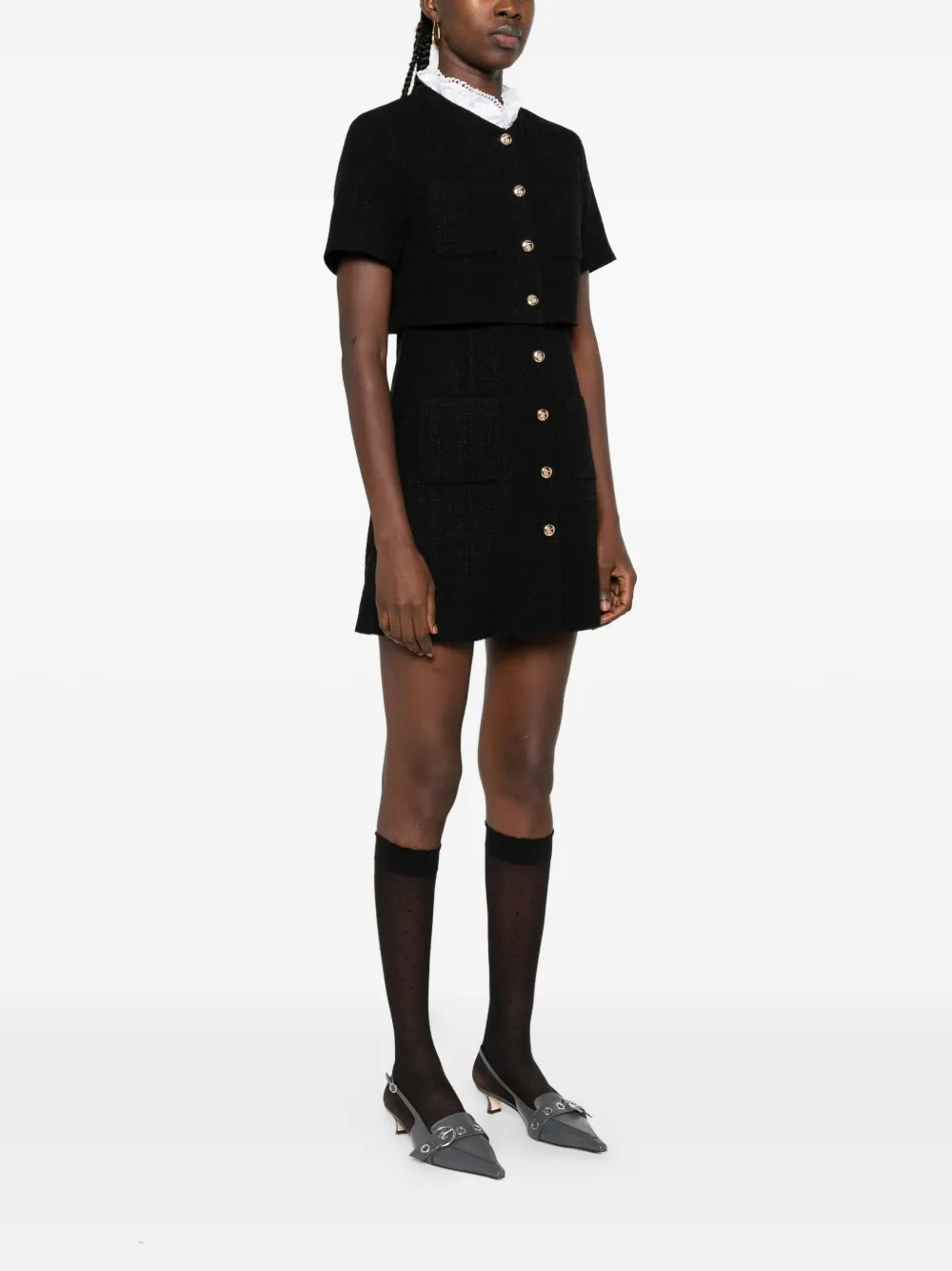 SANDRO Tweed mini-jurk met knoopdetail Zwart