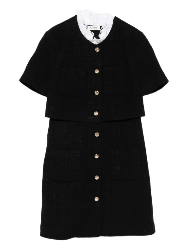 green emerald velvet dress Black and Gold Tweed Fit and Flare Short Dress with Square Neckline main image 0