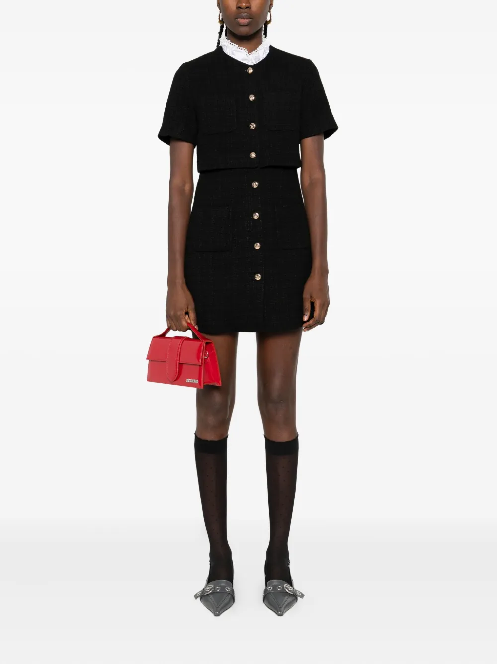SANDRO Tweed mini-jurk met knoopdetail - Zwart