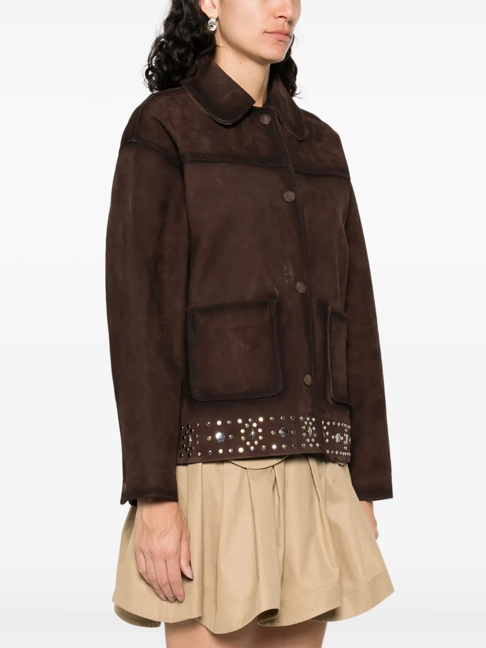 Sandro Womens Brown Studded-hem Side-pocket Suede Jacket In Brown