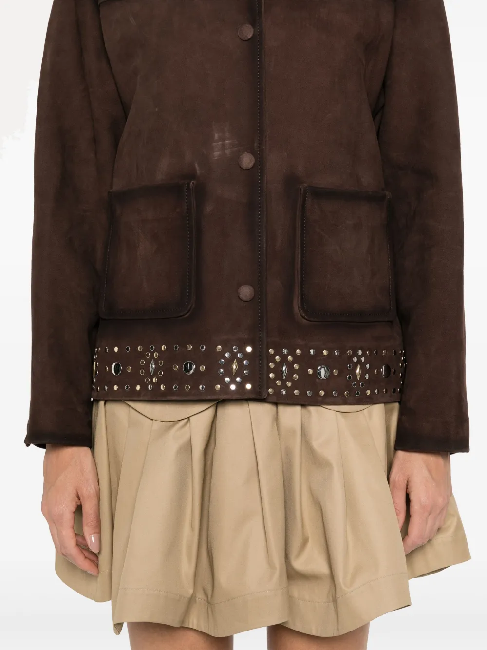 Sandro Womens Brown Studded-hem Side-pocket Suede Jacket In Brown