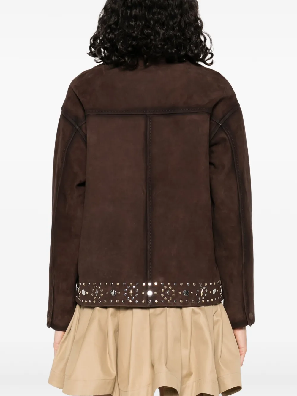 Sandro Womens Brown Studded-hem Side-pocket Suede Jacket In Brown