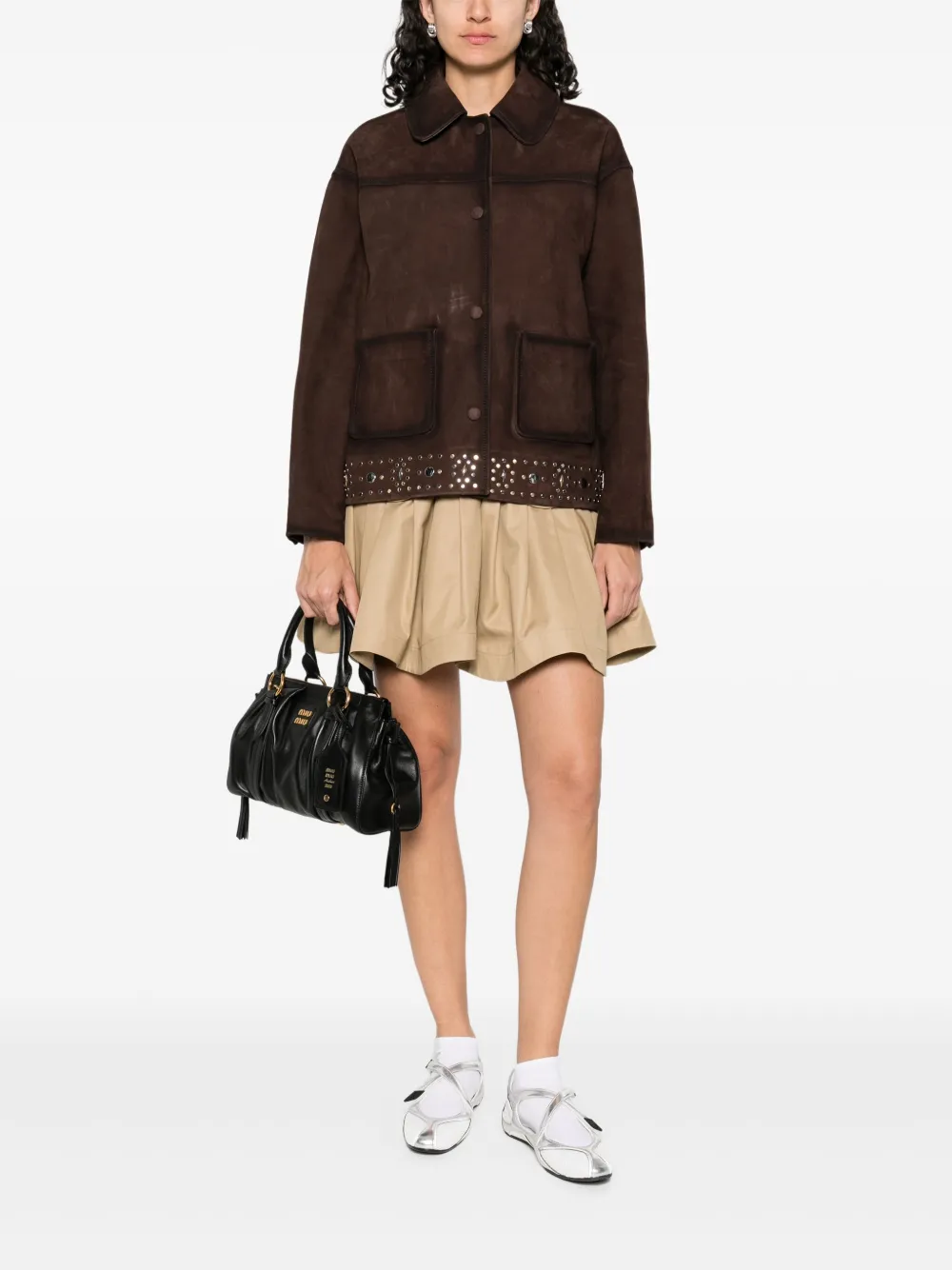 Sandro Womens Brown Studded-hem Side-pocket Suede Jacket In Brown