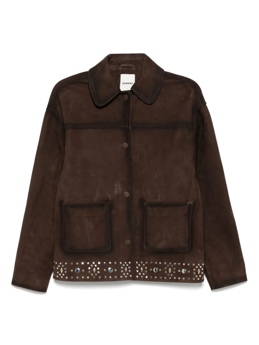 Sandro Womens Brown Studded-hem Side-pocket Suede Jacket In Brown