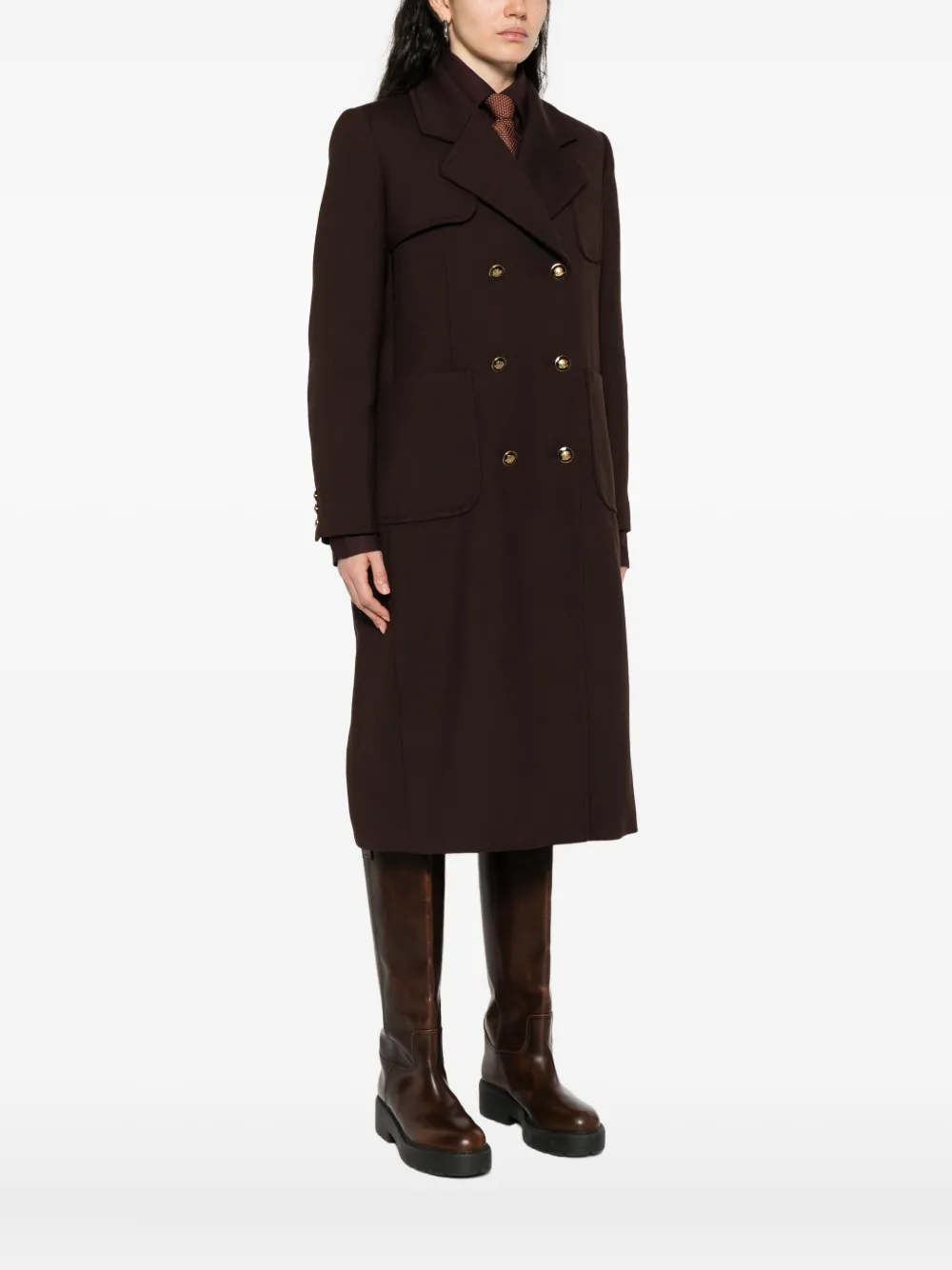 Sandro Womens Brown Double-breasted Patch-pocket Stretch-twill Coat In Brown