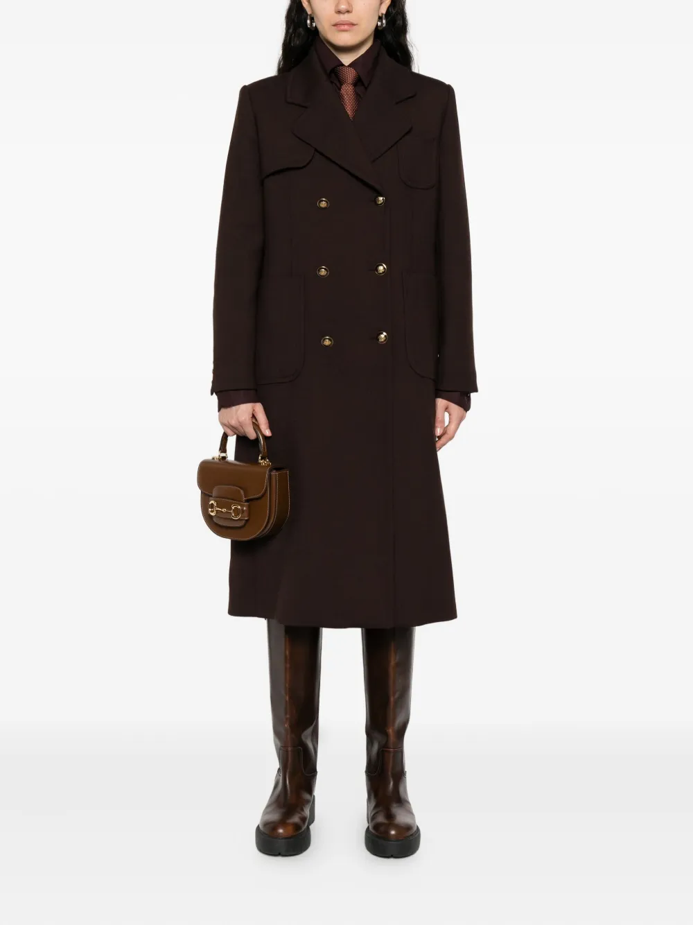 Sandro Womens Brown Double-breasted Patch-pocket Stretch-twill Coat In Brown