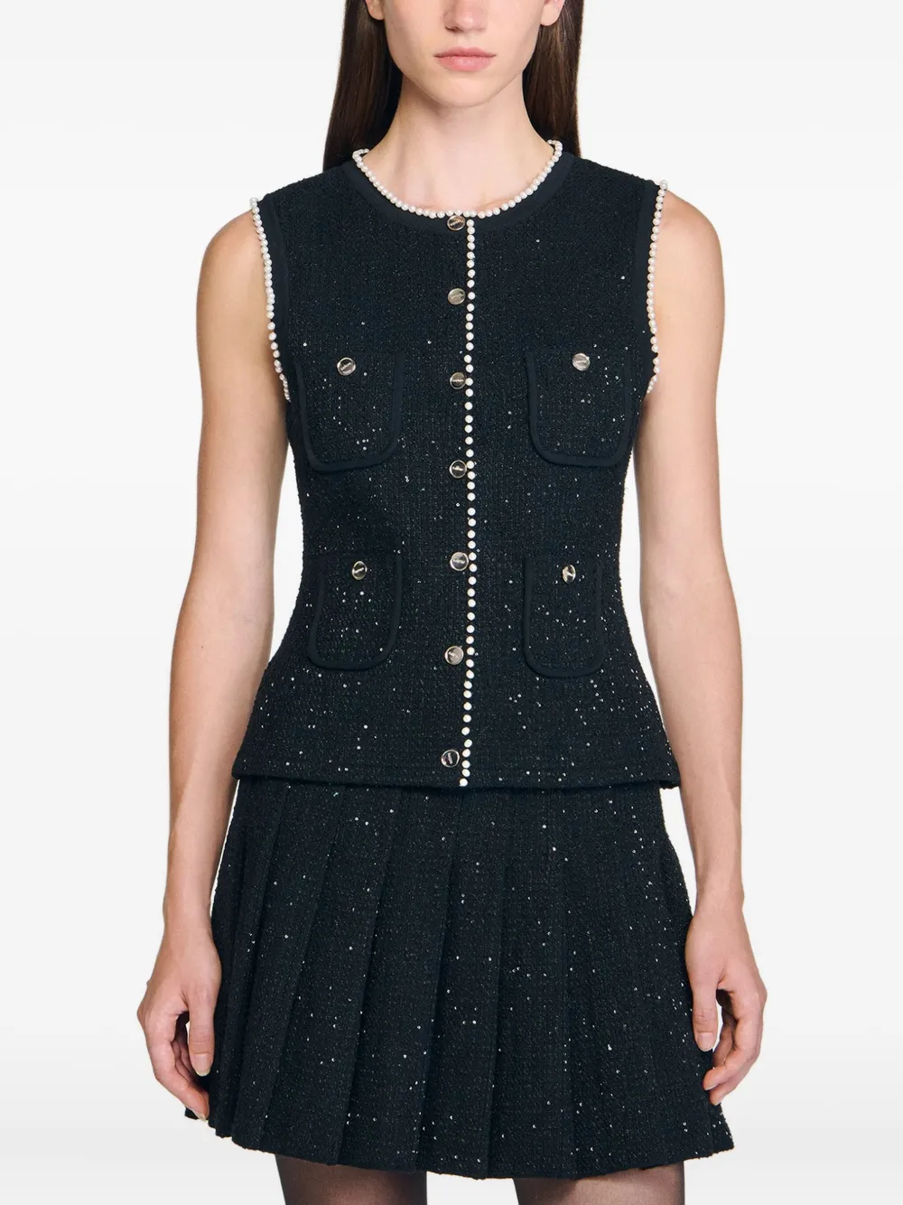 SANDRO Tweed gilet met parel afwerking Zwart