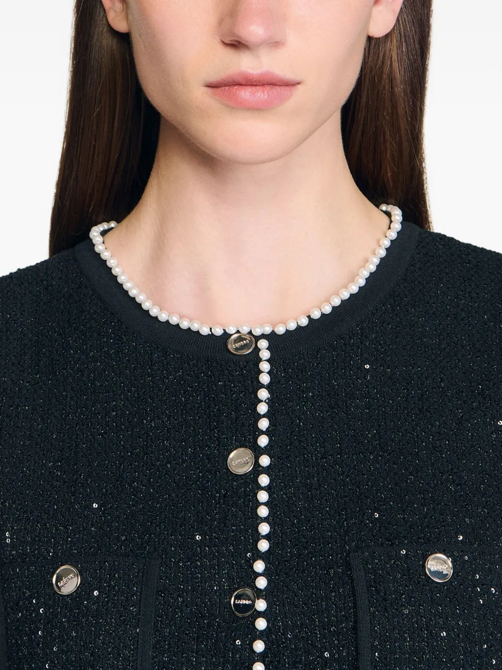 SANDRO Tweed gilet met parel afwerking Zwart