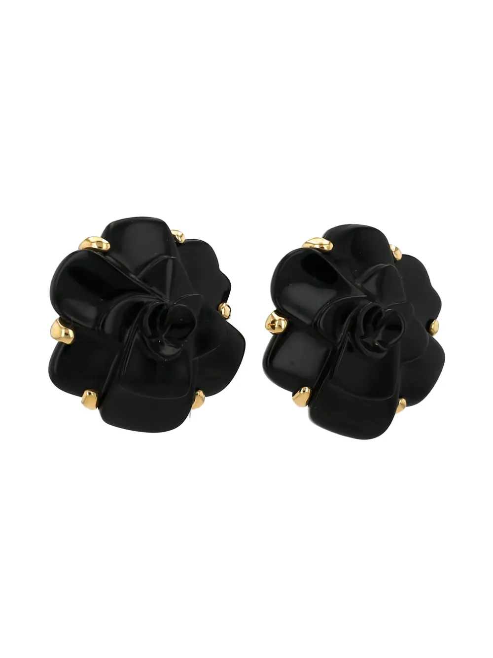 Pre-owned Chanel 18kt Yellow Gold Camellia Onyx Clip-on Earrings