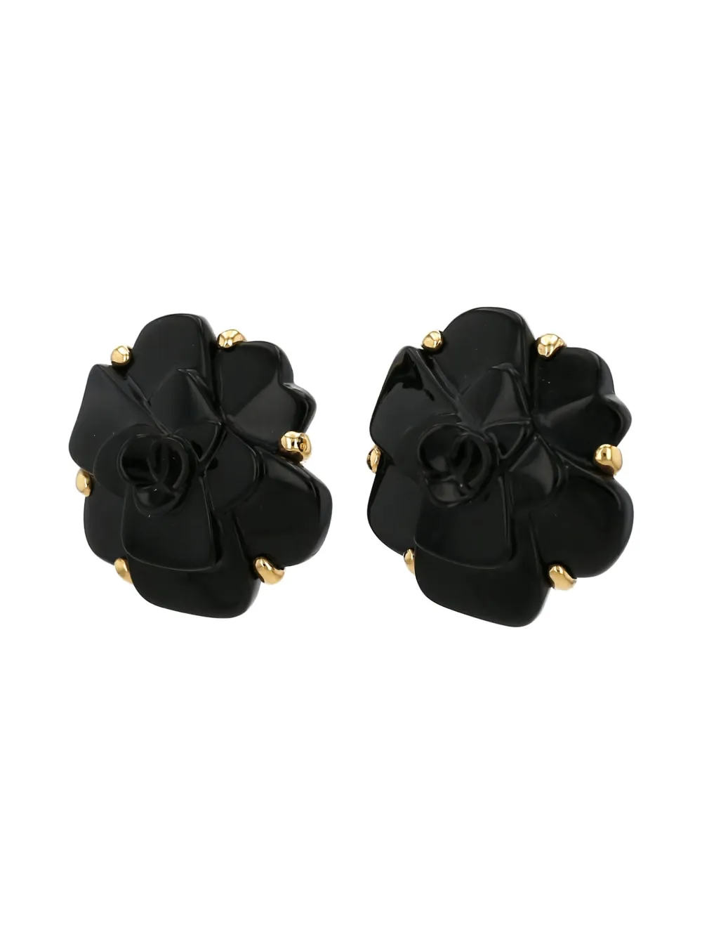 Pre-owned Chanel 18kt Yellow Gold Camellia Onyx Clip-on Earrings