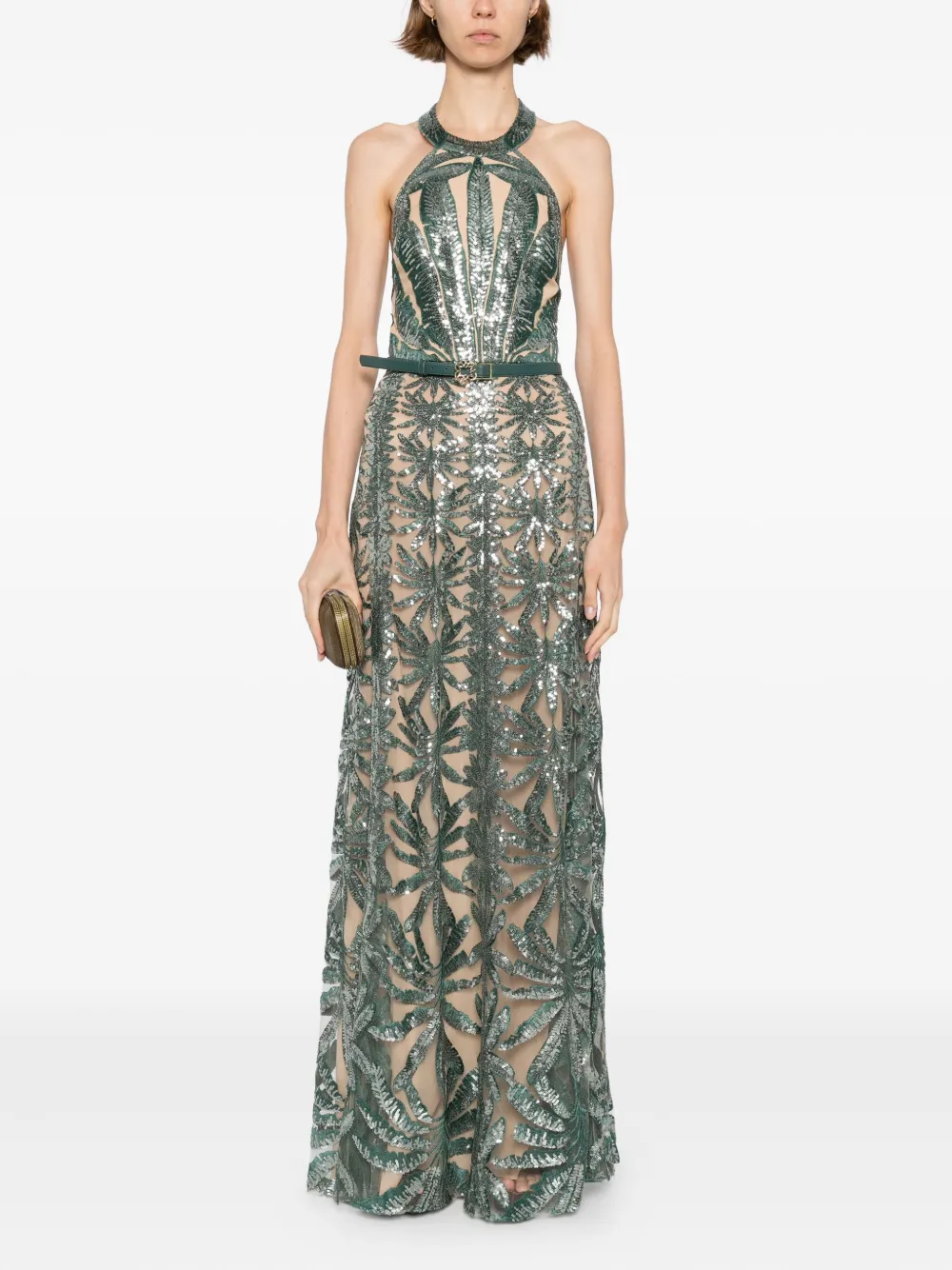 Elie Saab Tulen halterjurk met borduurwerk Groen