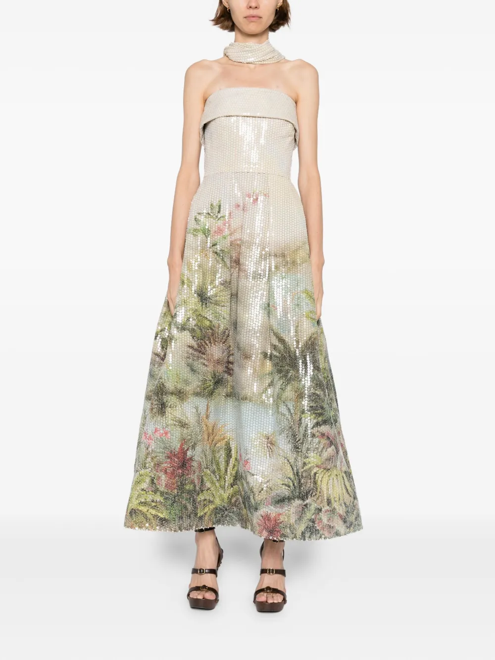 Elie Saab Jurk met pailletten en print Beige