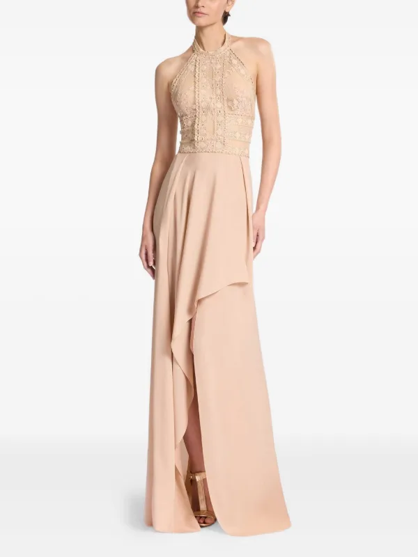 pink halter wedding dress Charley Sheath Halter Slit Floor Length Velvet Wedding Guest Dresses, Hot Pink