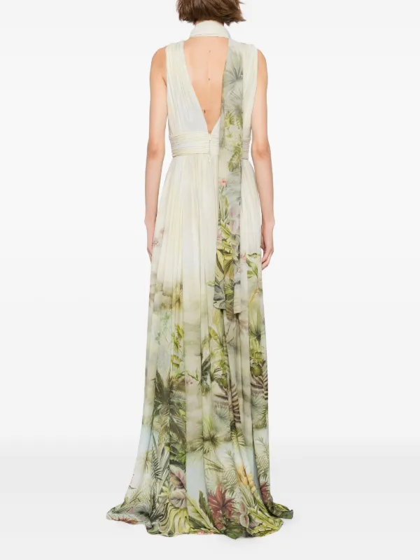 Elie Saab Printed Chiffon Long Dress | Green | FARFETCH