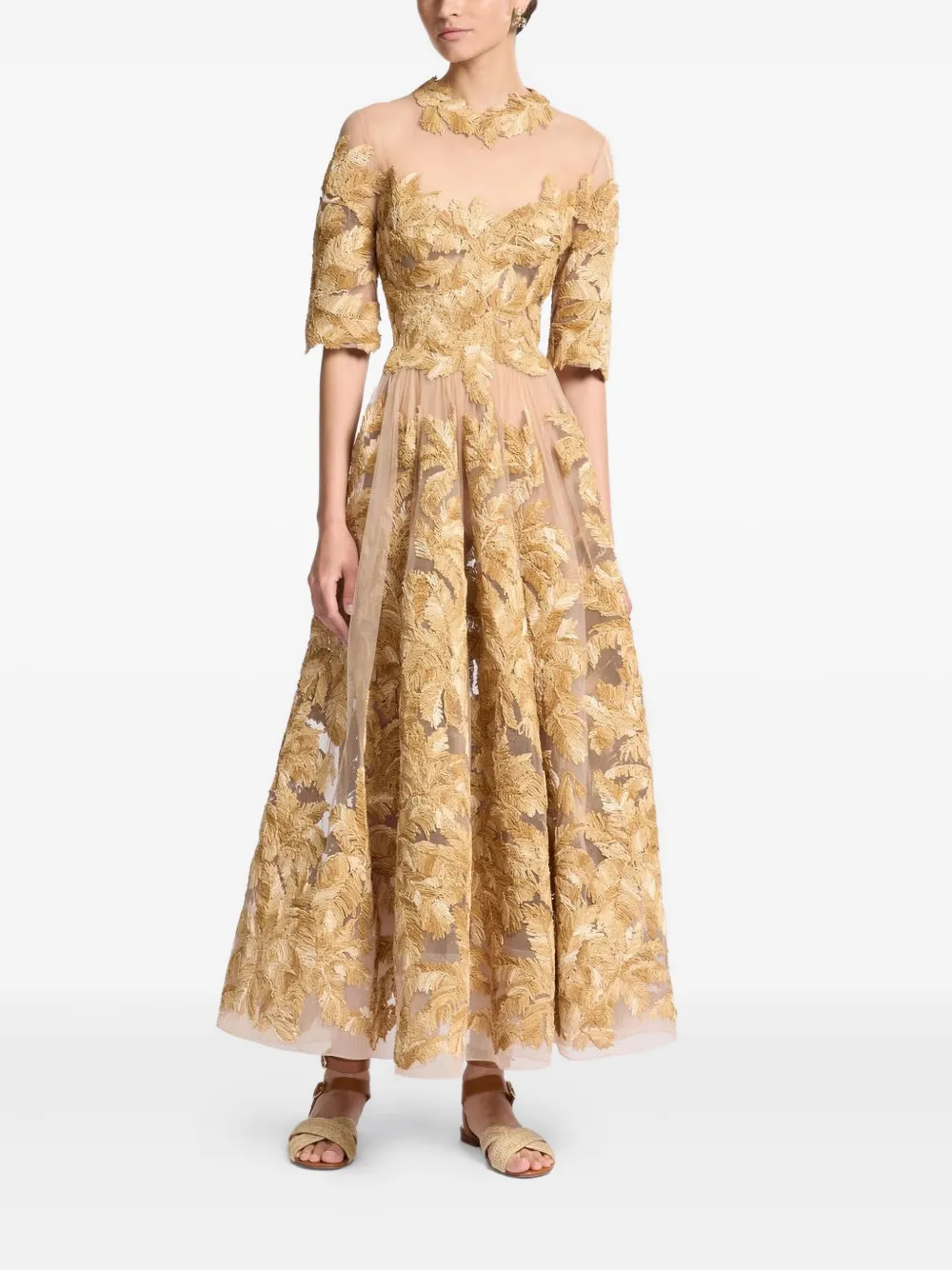 Elie Saab Embroidered Tulle Midi Dress In Yellow