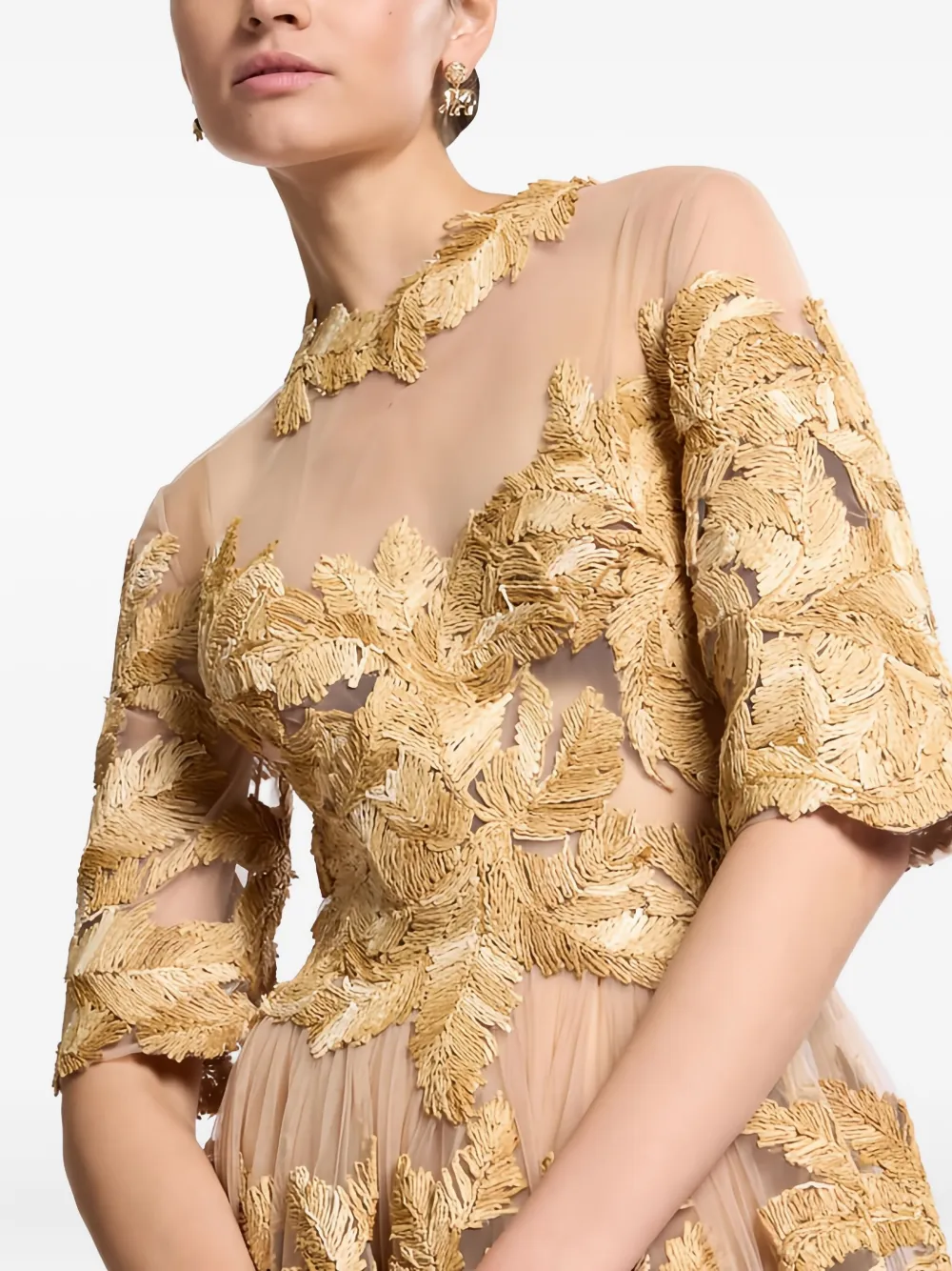 Elie Saab Embroidered Tulle Midi Dress In Yellow