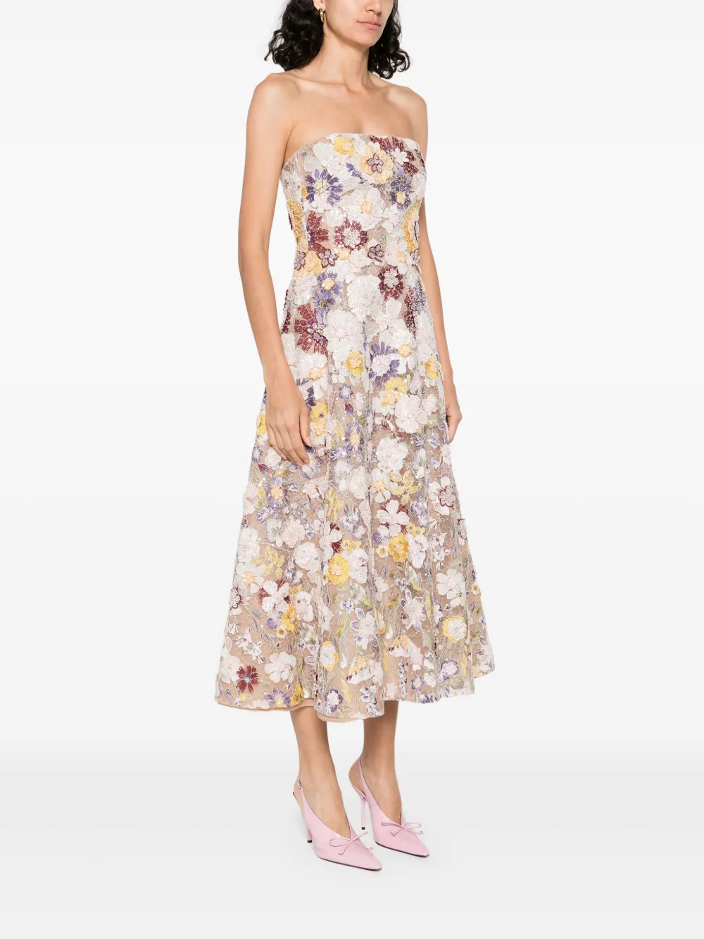 COSTARELLOS FLORAL-EMBROIDERED MIDI DRESS