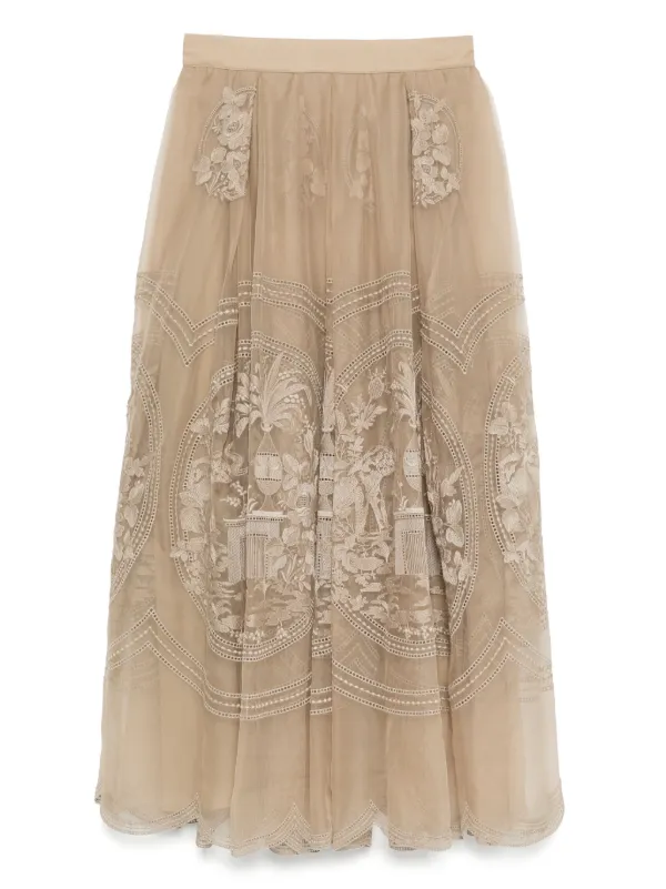 Elie Saab Embroidered Organza Midi Skirt in Neutrals