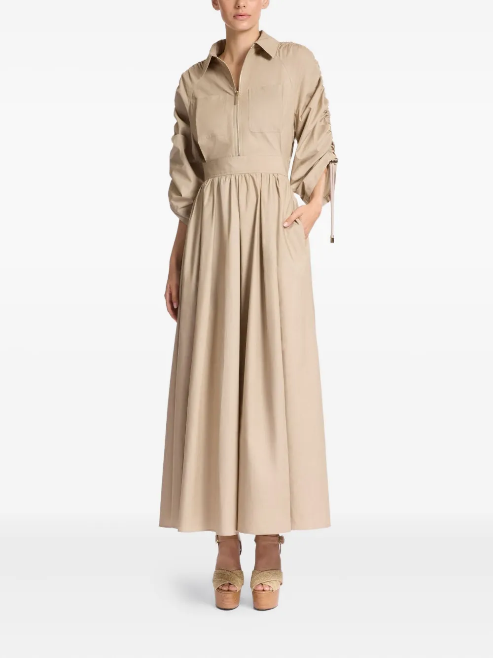 Elie Saab zip-front gathered-sleeve maxi dress - Beige