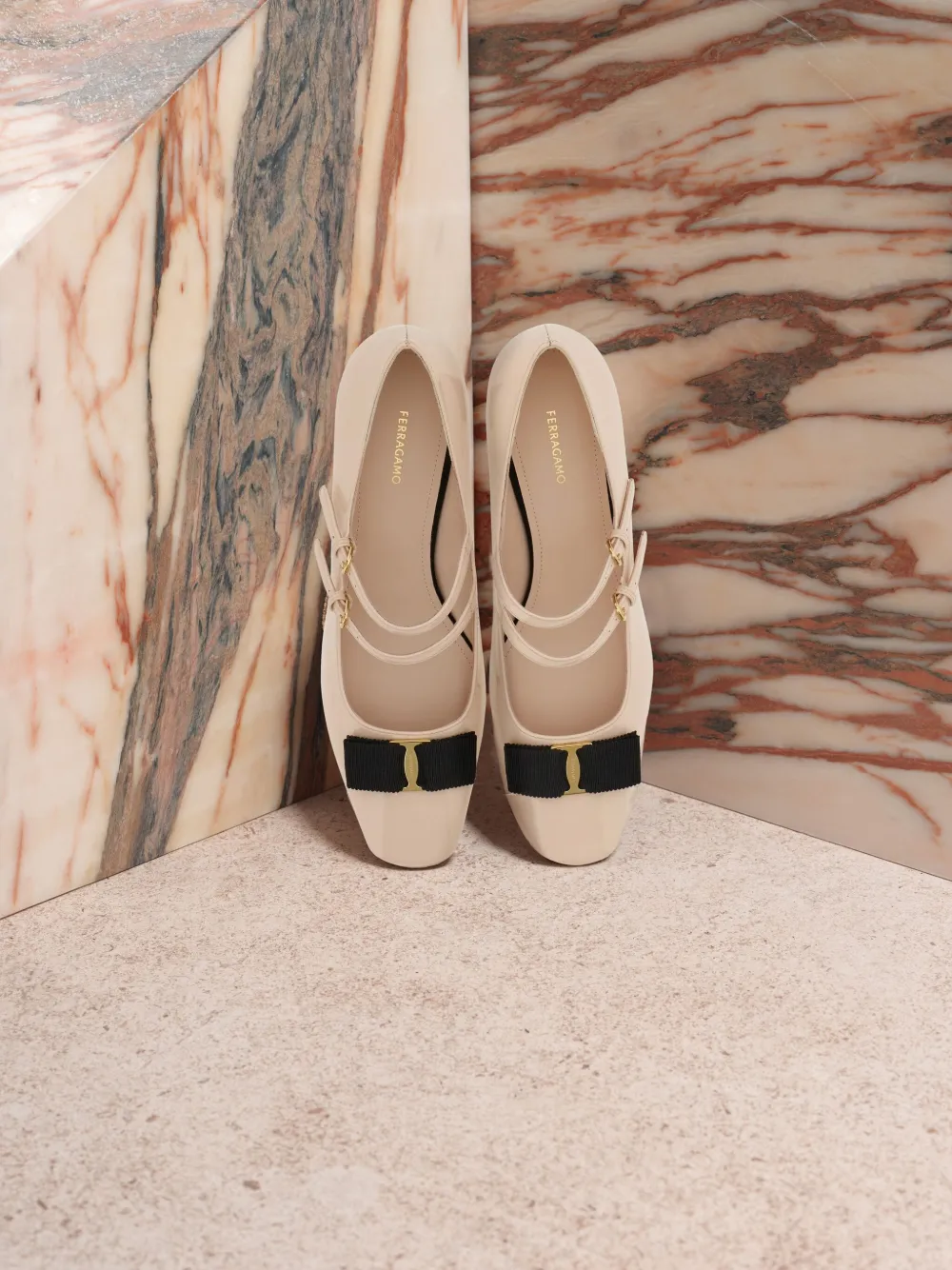 Ferragamo Vara Bow two-strap block-heel pumps Neutrals