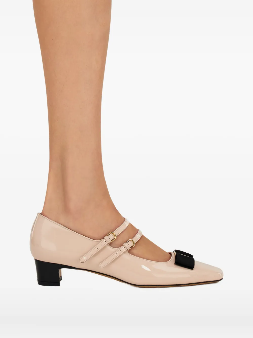 Ferragamo Vara Bow two-strap block-heel pumps Neutrals