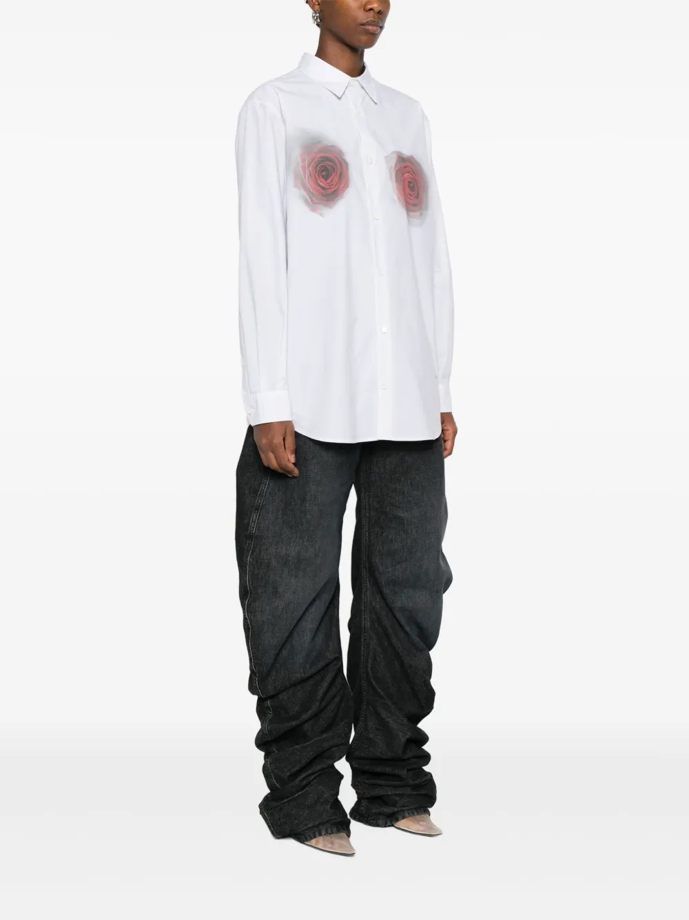 Jean Paul Gaultier Floral-print Cotton-poplin Shirt In White