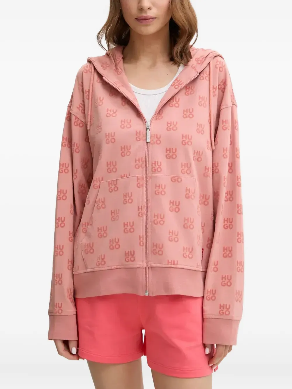 Hugo Boss Logo-pattern Zip-up Hoodie In Pink