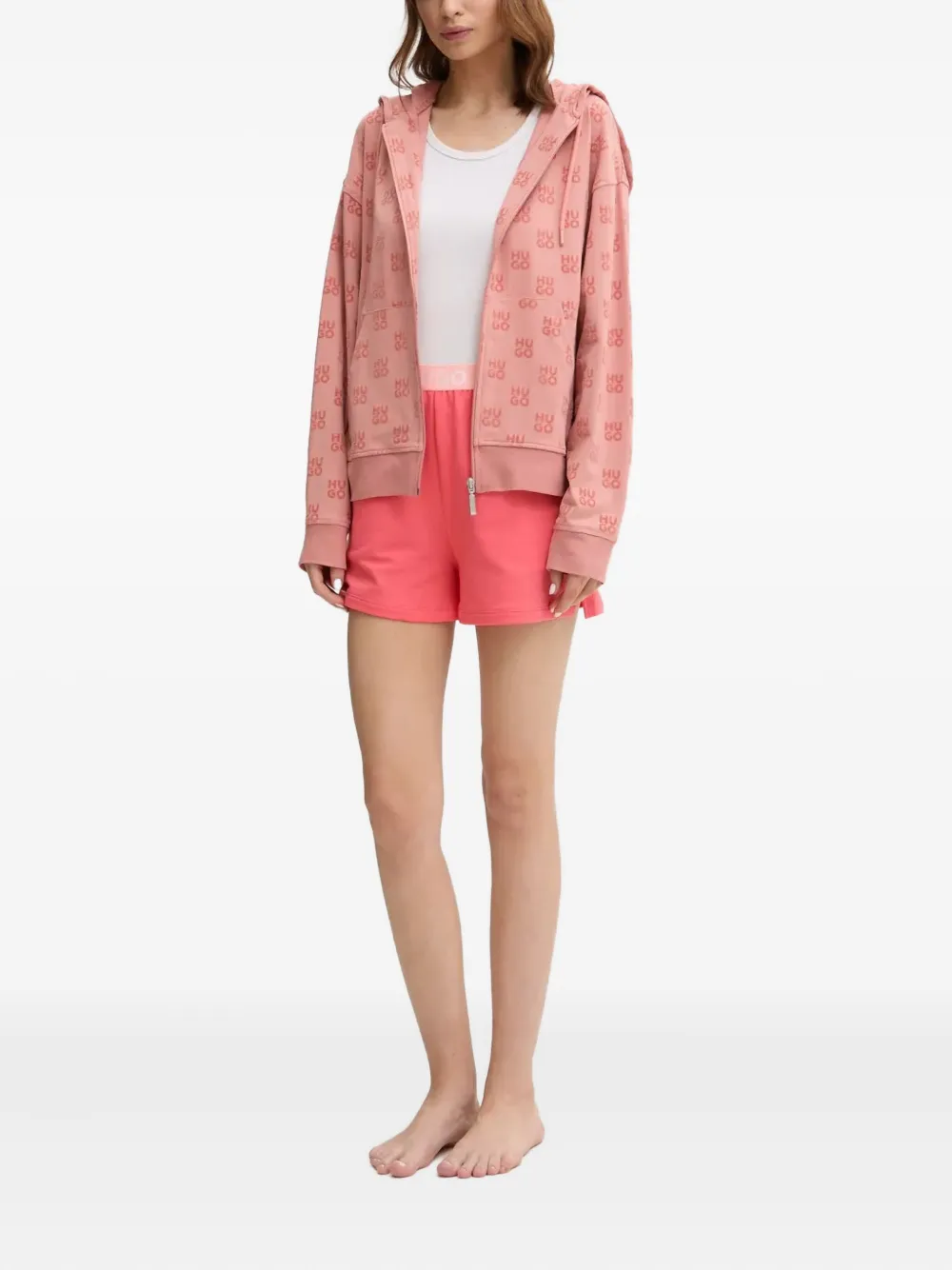 HUGO Hoodie met logopatroon en rits - Roze