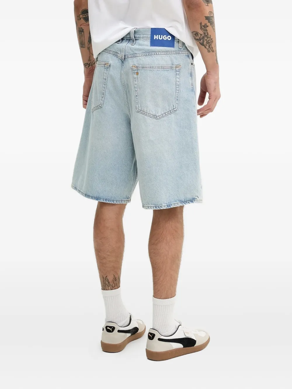 HUGO Denim shorts met logopatch - Blauw