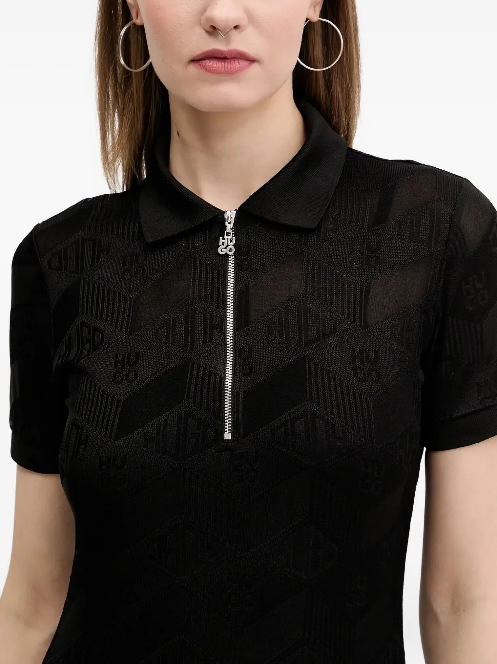 HUGO logo-pattern zip-front mini dress Zwart