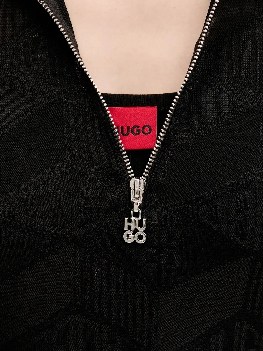 HUGO logo-pattern zip-front mini dress Zwart