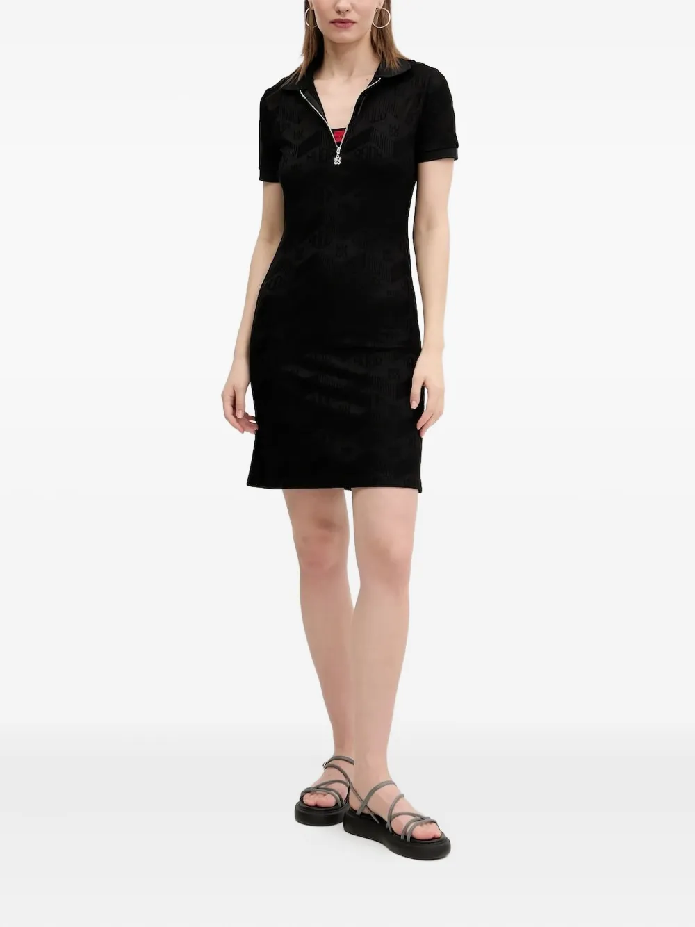 HUGO logo-pattern zip-front mini dress Zwart