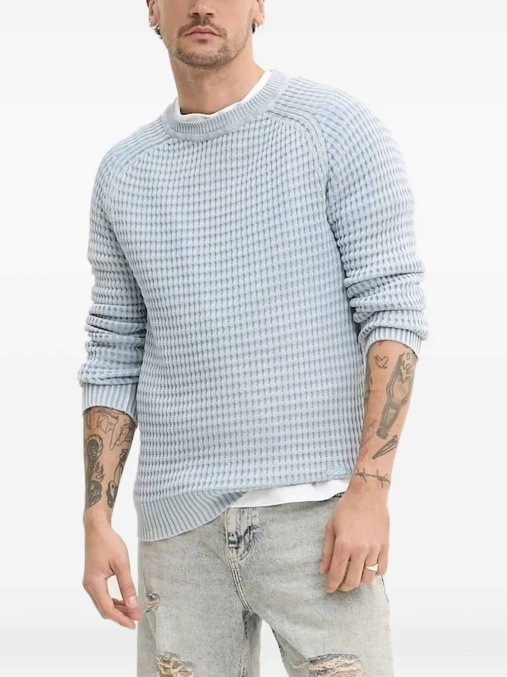 Hugo Boss Waffle-knit Crew-neck Sweater In Blue