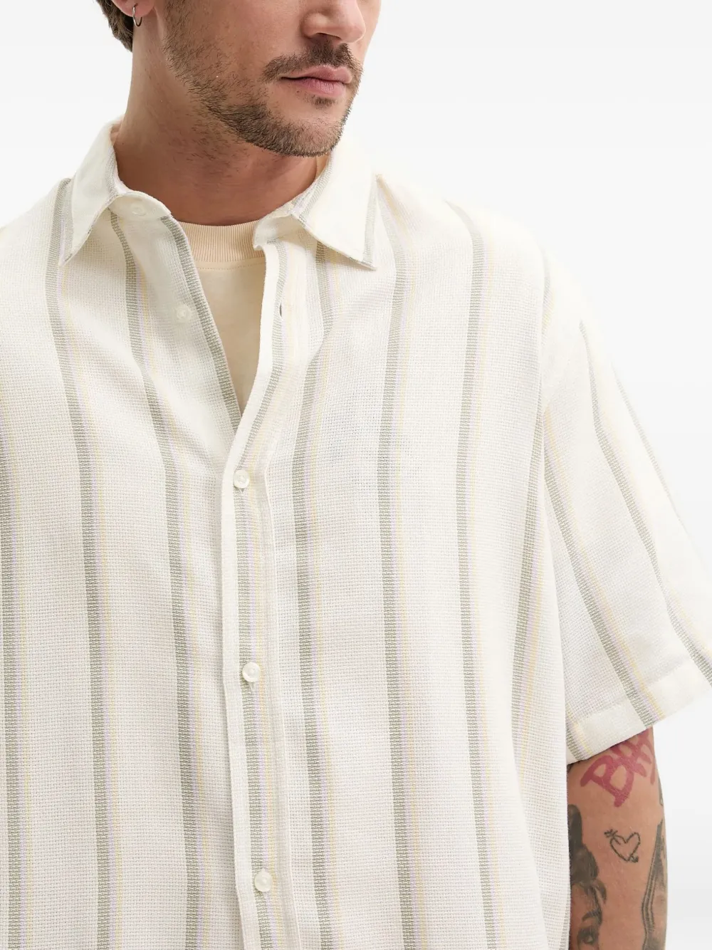 Hugo Boss Off-white Loose-fit Striped Open-weave Shirt In White