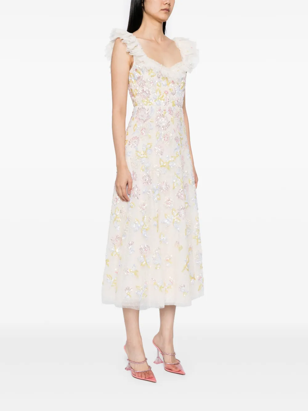 Needle & Thread Jurk met pailletten en ruches Beige