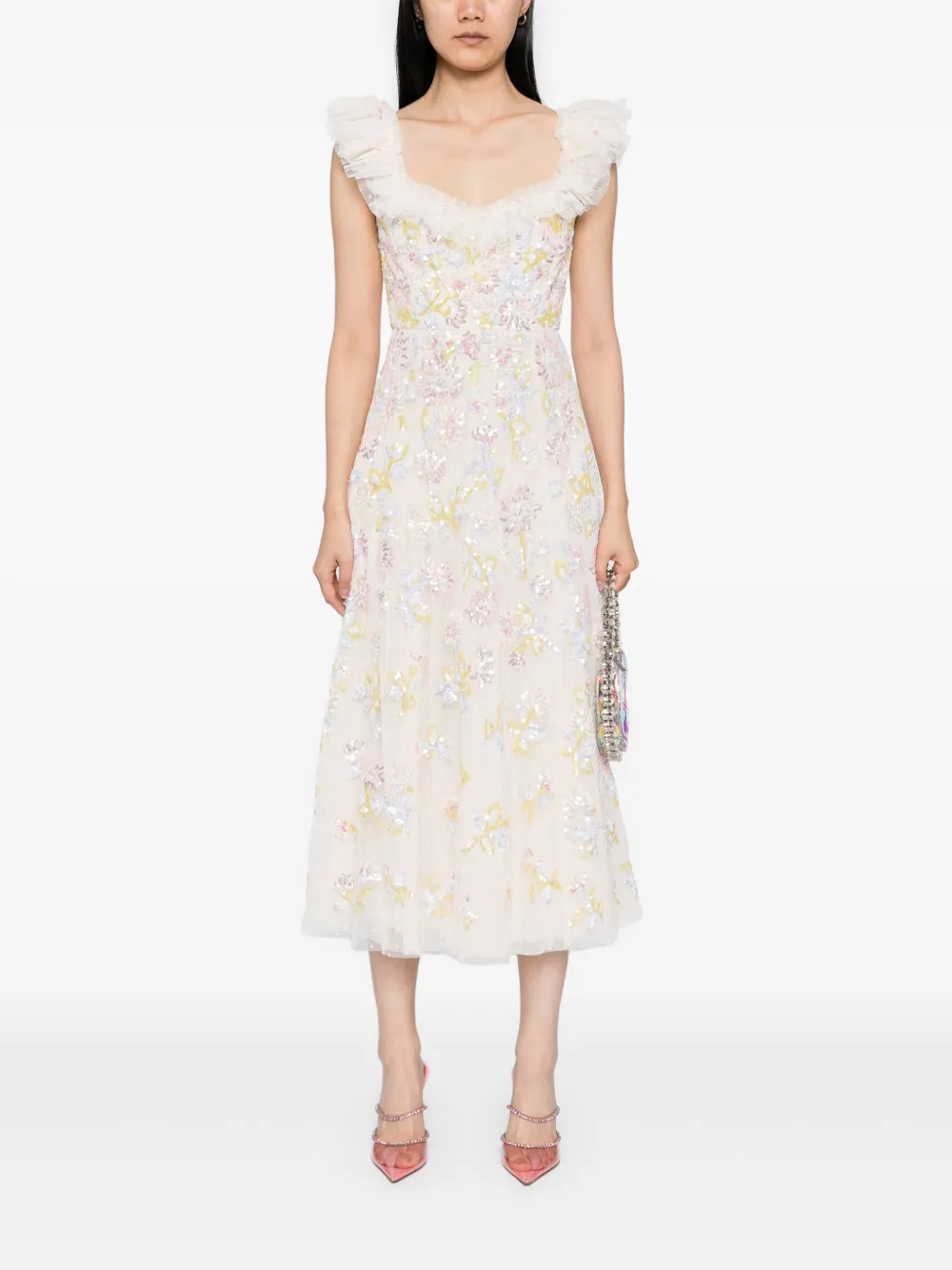 Needle & Thread Jurk met pailletten en ruches - Beige