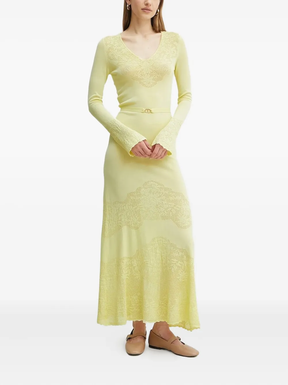 Twinset Pointelle-knit Maxi Dress In Yellow