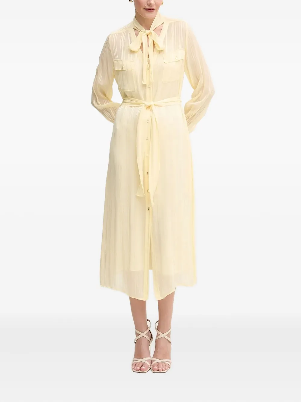 Twinset Belted Tie-neck Shirt Midi Dress In Yellow