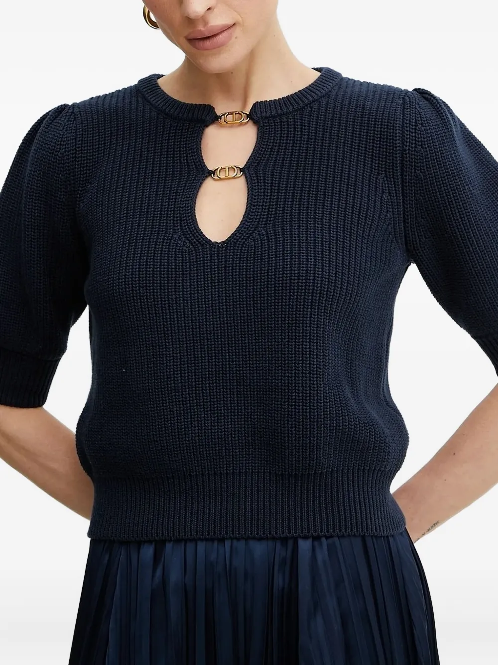 Twinset Puff-sleeve Keyhole-neck Sweater In Blue