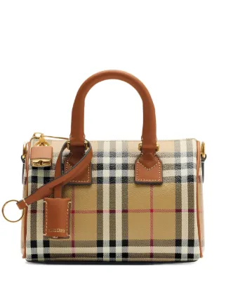 Burberry チェック柄トートバッグ、（ハンドバック）　アクセサリーロゴ付き Burberry チェック トートバッグ | ブラウン | FARFETCH JP