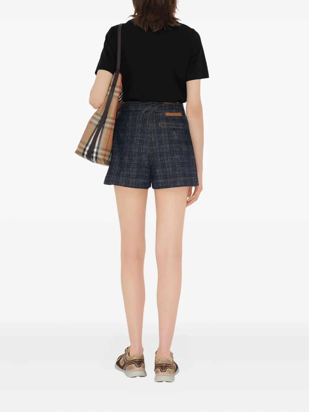 belted checked denim shorts