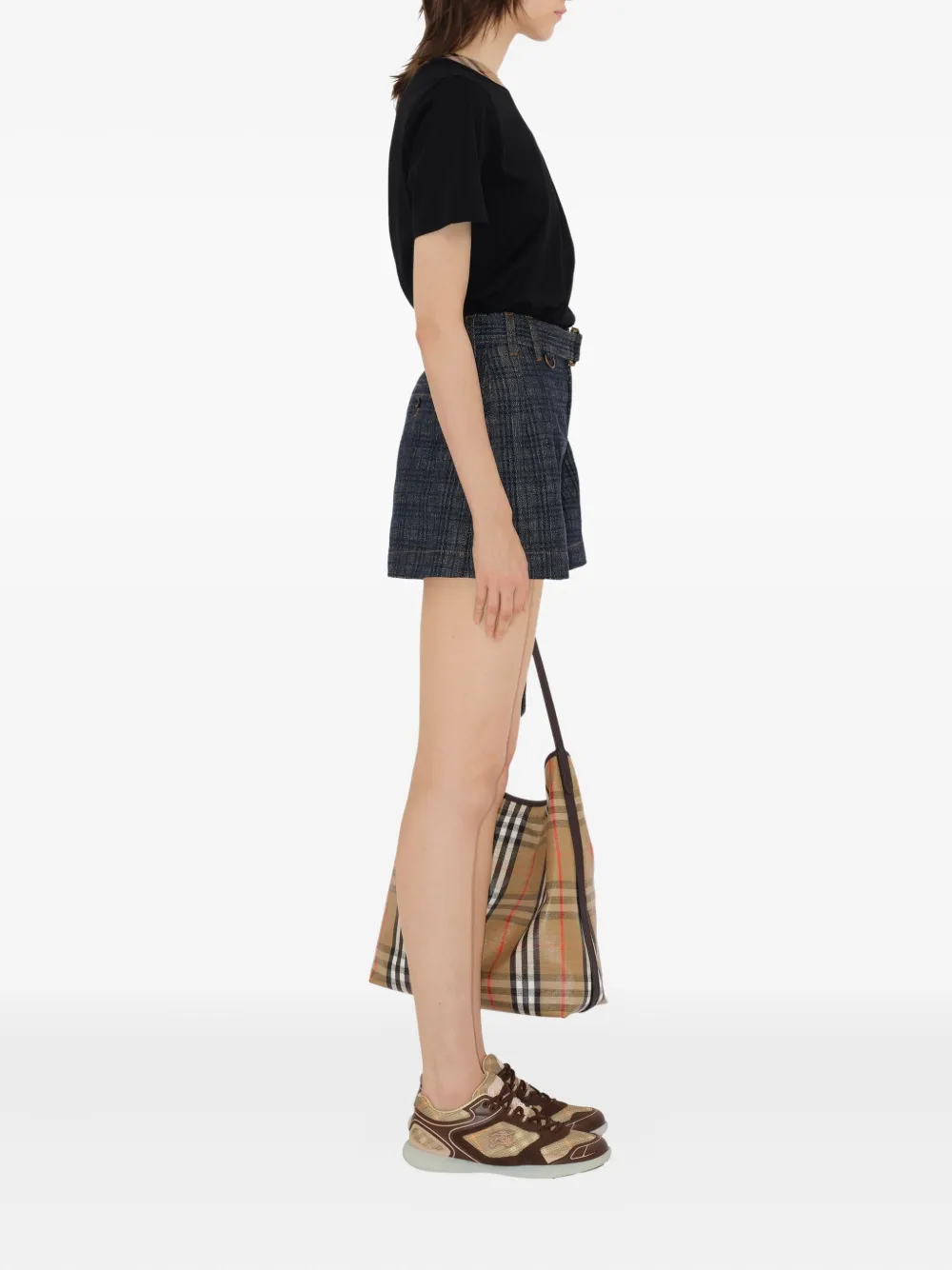  Burberry Belted Checked Denim Shorts - Blue 