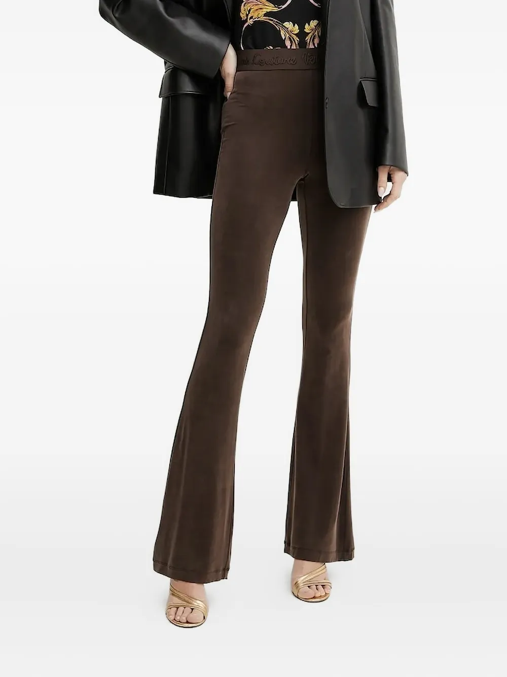 Versace Jeans Couture Logo-embroidered Flared Trousers In Brown